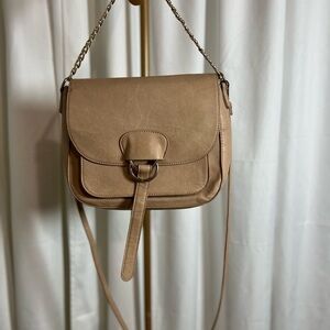 Pink Haley Tan Leather Crossbody Bag with Adjustable Strap and Flap Closure